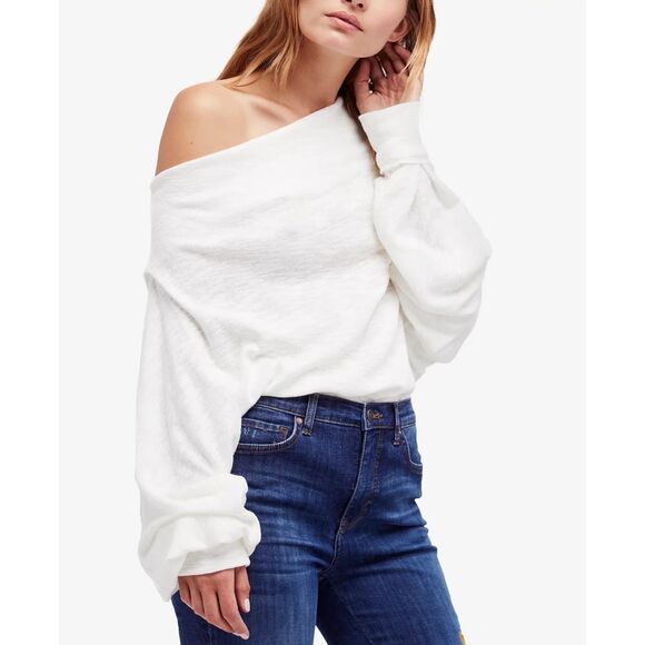 Free People Skyline Off-Shoulder Thermal Sweater Women XS White Ivory Oversized - Picture 1 of 4